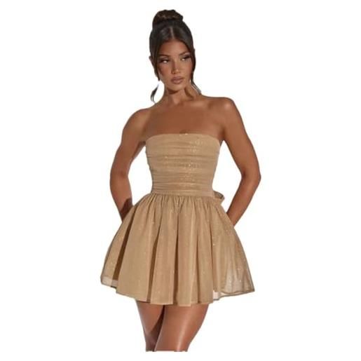 Generic abito da donna con fasciatura pieghettata abito a trapezio abiti da festa sexy da discoteca senza schienale khaki s