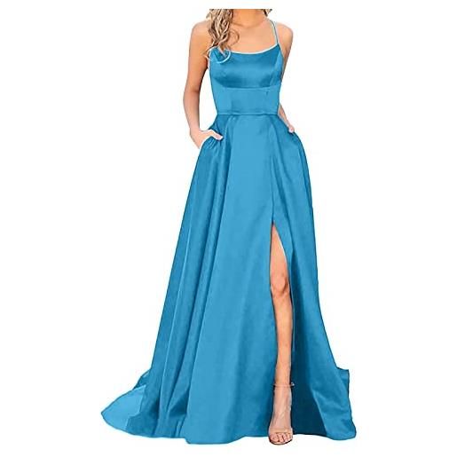 Generic abito da sera lungo senza schienale in raso croccante con spalline sottili, spacco alto e tasche per ballo di fine anno e gala, blu cielo, s