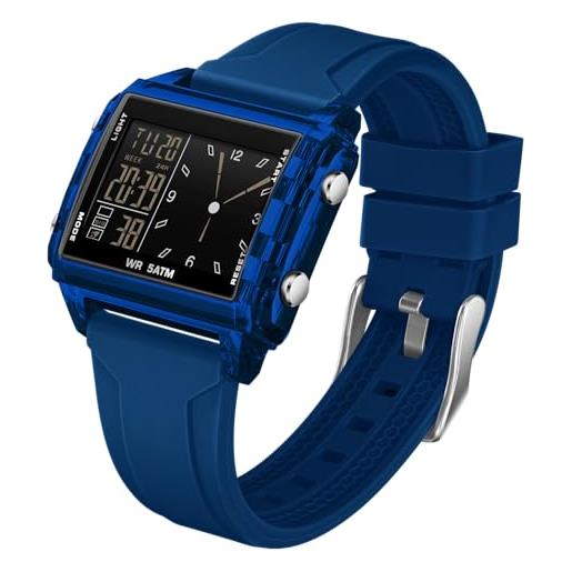 zolohoni Orologio digitale da uomo, in acciaio inox, quadrato, orologio da polso digitale da uomo, impermeabile, doppio fuso orario e data, nero