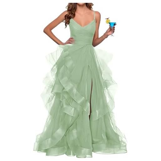 ORRCIGH abito da damigella d'onore con spalline sottili in tulle con volant abiti da ballo con fessura lungo formale da sera abito maxi wpx029, salvia, 52 più