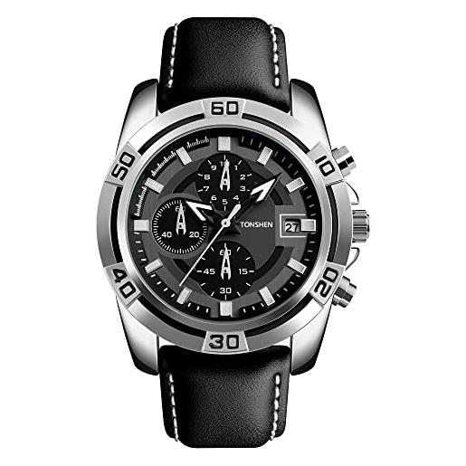 TONSHEN Uomo Donna Orologi da Polso Calendario Analogico Quarzo Orologio Cuoio Band e Acciaio Inossidabile (Uomo