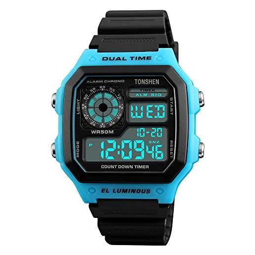 TONSHEN Uomo Orologi da Polso Subacqueo 50M Impermeabile Elettronico Plastica Lunetta e Gomma Band Sportivo Outdoor LED Digital Militare Tattica Orologio Quarzo Doppio Tempo (Nero