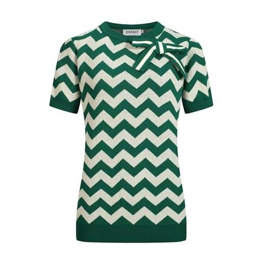 OXKNIT maglietta da donna, vintage, verde, scollo rotondo, ondulato, in cotone, casual, con fiocco, verde, s