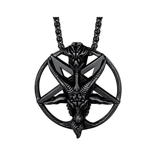 AsAlways Collana Demone Con Testa Di Capra E Pentacolo Invertito – Acciaio Inossidabile, Catena 55,9 Cm