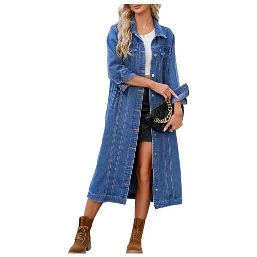 Generic trench lungo da donna, in denim, classico, con risvolto sopra il ginocchio, giacca di jeans con bottoni, giacche vintage alla moda con tasca, blu, medium