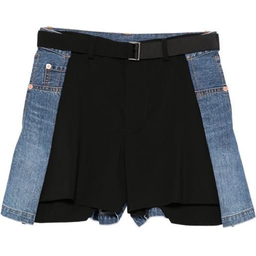 sacai shorts denim con inserti - nero