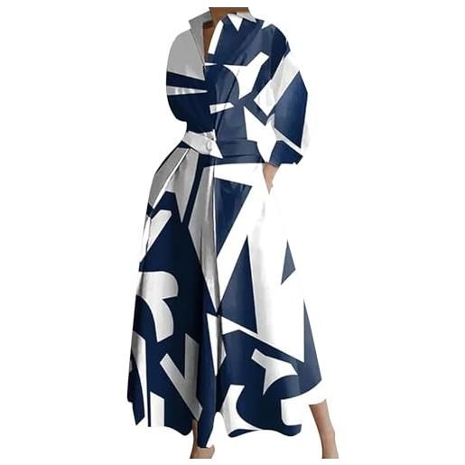 YMING donne formale alla moda collare a sovrano modello stampato abiti ufficio swing hem estate lungo abito striscia bianca blu m