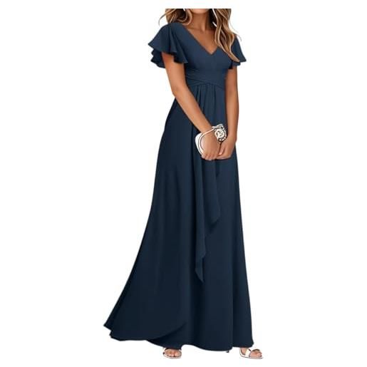 Minetom vestito donna elegante chiffon scollo a v maniche a volant stile lungo abito cerimonia abiti da damigella a verde m