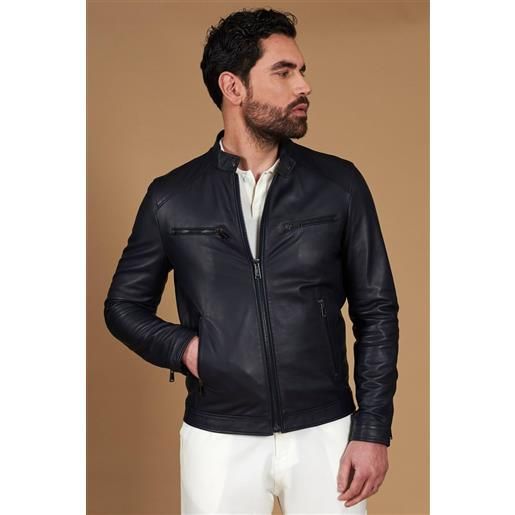 D'Arienzo giacca in pelle nappa blu scuro quattro tasche effetto liscio D'Arienzo