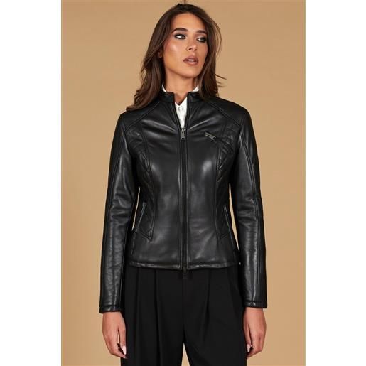 D'Arienzo giubbotto moto in pelle nera trapuntata effetto vintage D'Arienzo