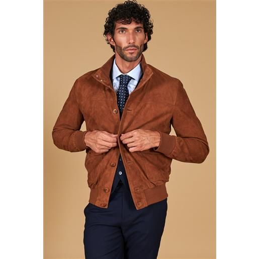 D'Arienzo giacca bomber in pelle camoscio cognac con bottoni e tasconi D'Arienzo