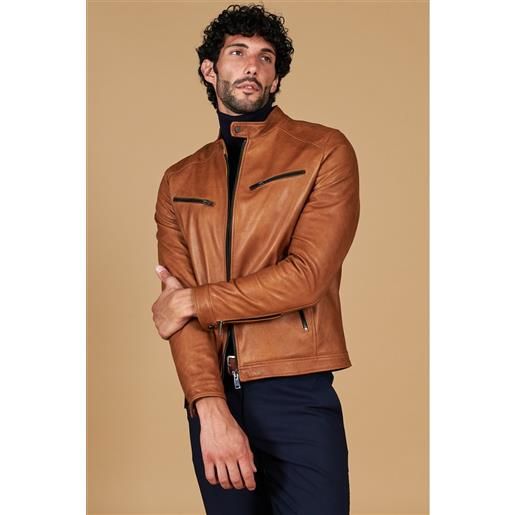 D'Arienzo giacca in pelle cuoio effetto vintage quattro tasche D'Arienzo