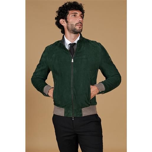 D'Arienzo giubbotto bomber in pelle scamosciata verde collo coreana D'Arienzo