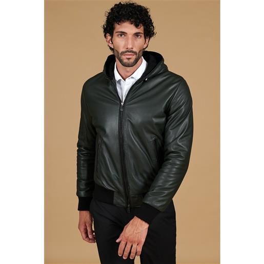 D'Arienzo giubbotto bomber in pelle naturale verde con cappuccio D'Arienzo