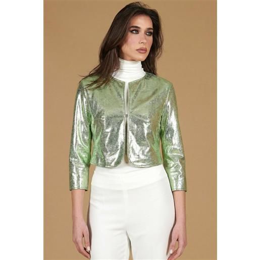 D'Arienzo giacca corta bolero in pelle laminata verde chiaro girocollo D'Arienzo