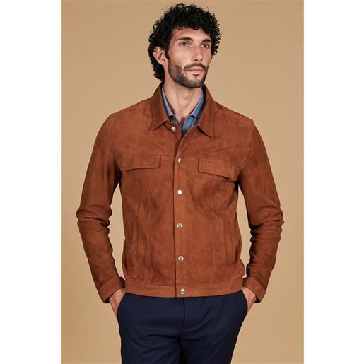 D'Arienzo giacca sfoderata pelle camoscio cuoio con colletto camicia D'Arienzo