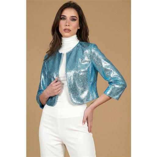 D'Arienzo giacca corta bolero in pelle laminata azzurra girocollo D'Arienzo