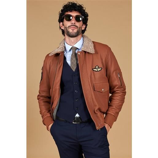 D'Arienzo giubbotto aviatore in pelle raggrinzita color cuoio collo montone D'Arienzo
