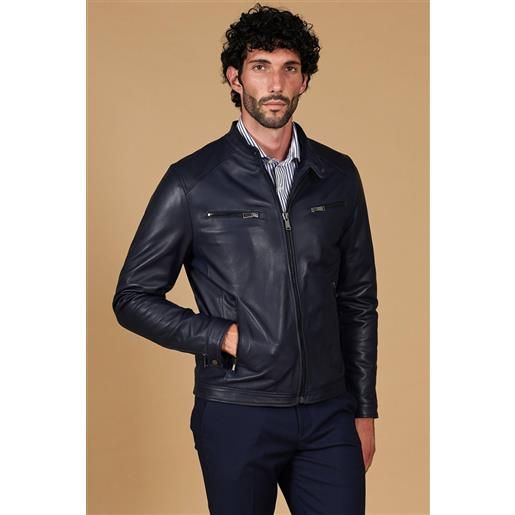 D'Arienzo giacca in pelle blu quattro tasche nappa effetto liscio D'Arienzo