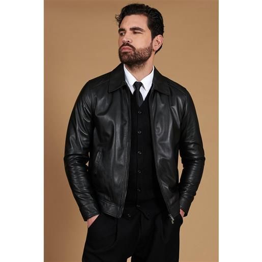D'Arienzo giacca in pelle nera nappa effetto liscio collo camicia D'Arienzo