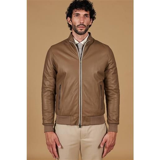 D'Arienzo giubbotto bomber in pelle color fango con profili a contrasto D'Arienzo