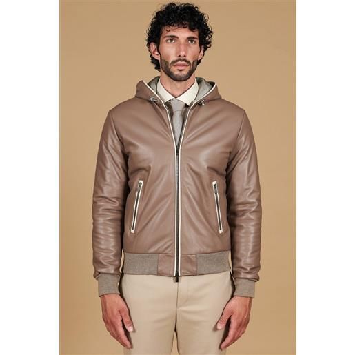 D'Arienzo bomber in pelle fango con cappuccio profili a contrasto D'Arienzo