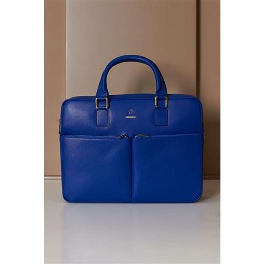 D'Arienzo borsa ventiquattrore in pelle di vitello bluette saffiano con doppia tasca D'Arienzo