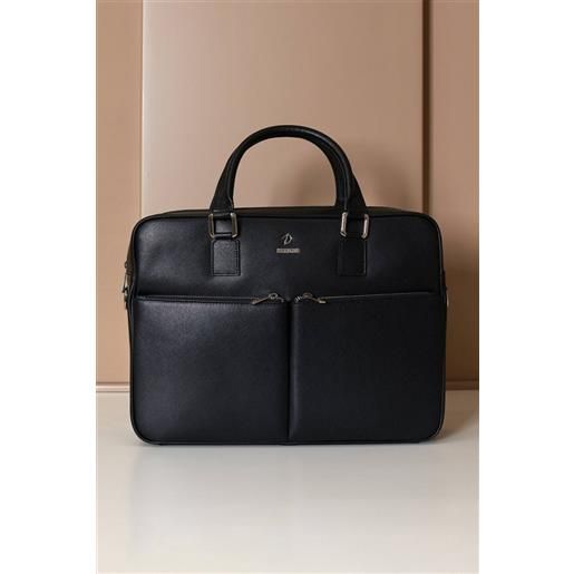 D'Arienzo borsa ventiquattrore in pelle di vitello nera saffiano con doppia tasca D'Arienzo