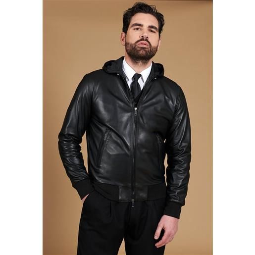D'Arienzo giacca bomber in pelle nera con cappuccio nappa effetto liscio D'Arienzo