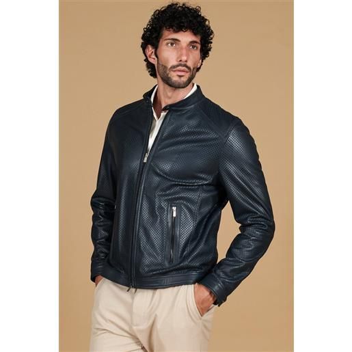 D'Arienzo giacca in pelle traforata blu nappa effetto liscio D'Arienzo