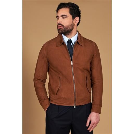D'Arienzo giacca in camoscio color cuoio con colletto camicia impunturato a mano D'Arienzo