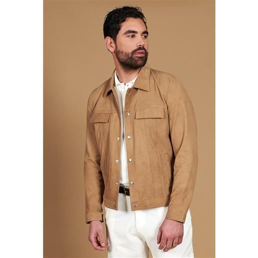 D'Arienzo giacca sfoderata pelle camoscio beige con colletto camicia D'Arienzo