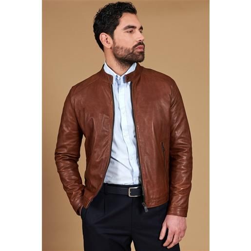 D'Arienzo giacca in pelle colore cuoio effetto vintage collo coreana D'Arienzo