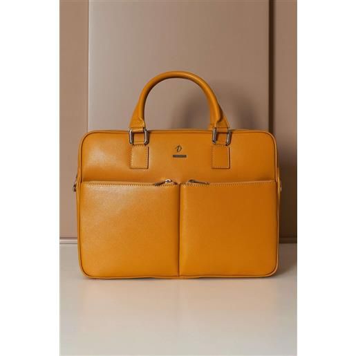 D'Arienzo borsa ventiquattrore in pelle di vitello ocra saffiano con doppia tasca D'Arienzo