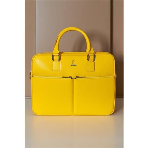 D'Arienzo borsa ventiquattrore in pelle di vitello gialla saffiano con doppia tasca D'Arienzo