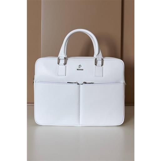D'Arienzo borsa ventiquattrore in pelle di vitello bianca saffiano con doppia tasca D'Arienzo