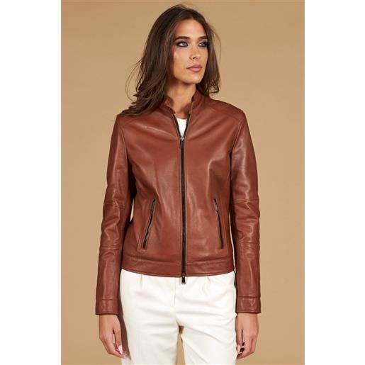 D'Arienzo giacca biker in pelle naturale cuoio effetto liscio due tasche D'Arienzo