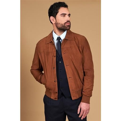 D'Arienzo giacca bomber in pelle camoscio color cuoio collo camicia D'Arienzo