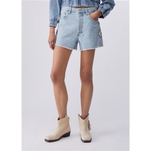 Liu jo short in denim con ricami gioiello, denim blu
