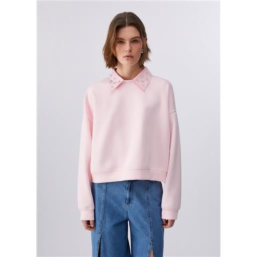 Liu jo felpa con ricami gioiello, rosa