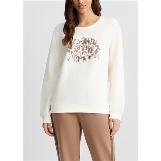Liu jo felpa con logo animalier e strass, bianco/animalier