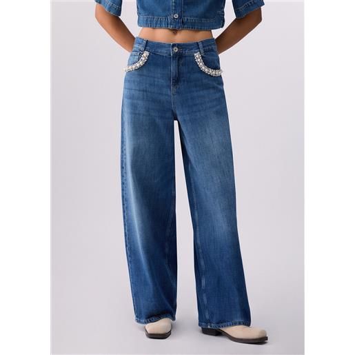 Liu jo jeans flare con applicazioni gioiello, denim blu scuro