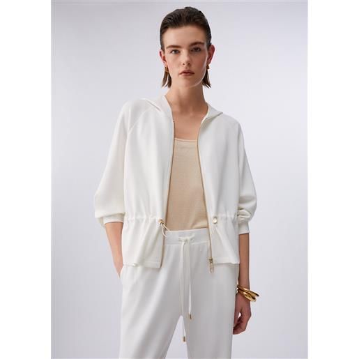 Liu jo felpa in scuba con zip e cappuccio, bianco latte