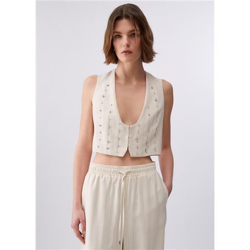 Liu jo gilet gessato con ricami gioiello, bianco