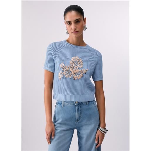 Liu jo maglia con ricamo in rafia, azzurro