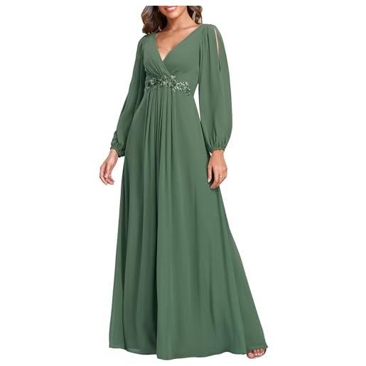 Ever-Pretty abito da sposa premaman, taglia forte, lungo, maniche lunghe, scollo a v, in mussola, con applicazione plissettata verde eucalipto 44