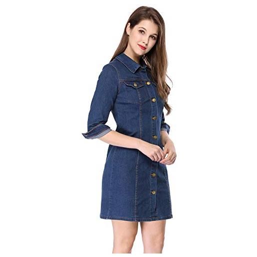 Allegra K - abito da donna in denim con bottoni, manica a 3/4, estivo, mini abito di jeans, blu, m
