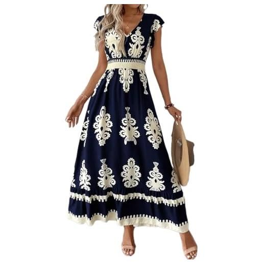 ticticlily abito estivo donna lungo vestiti da casuale spiaggia abiti manica corta e scollo v e vita alta elastica con boho stampa vestito per donne a blu scuro l