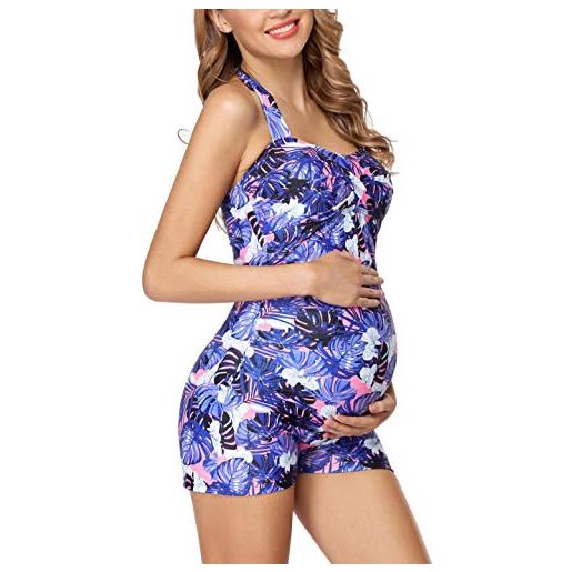 EastElegant costume da bagno intero premaman retro halter costumi da bagno con boyleg gravidanza costumi da bagno boyshort, motivo floreale nero e rosa. , l