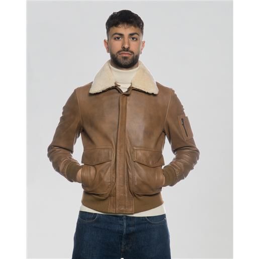 Leather Trend leo - bomber uomo cuoio in pelle con collo in montone beige , leggera